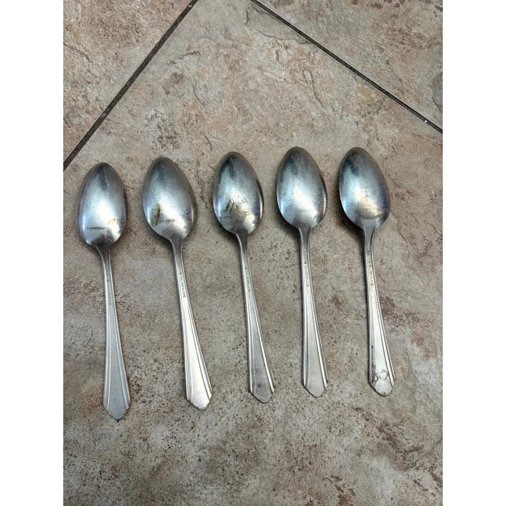 Vintage Fashion Silver Plate Teaspoons Set of 5 Art Deco Tapered Handle Flatware